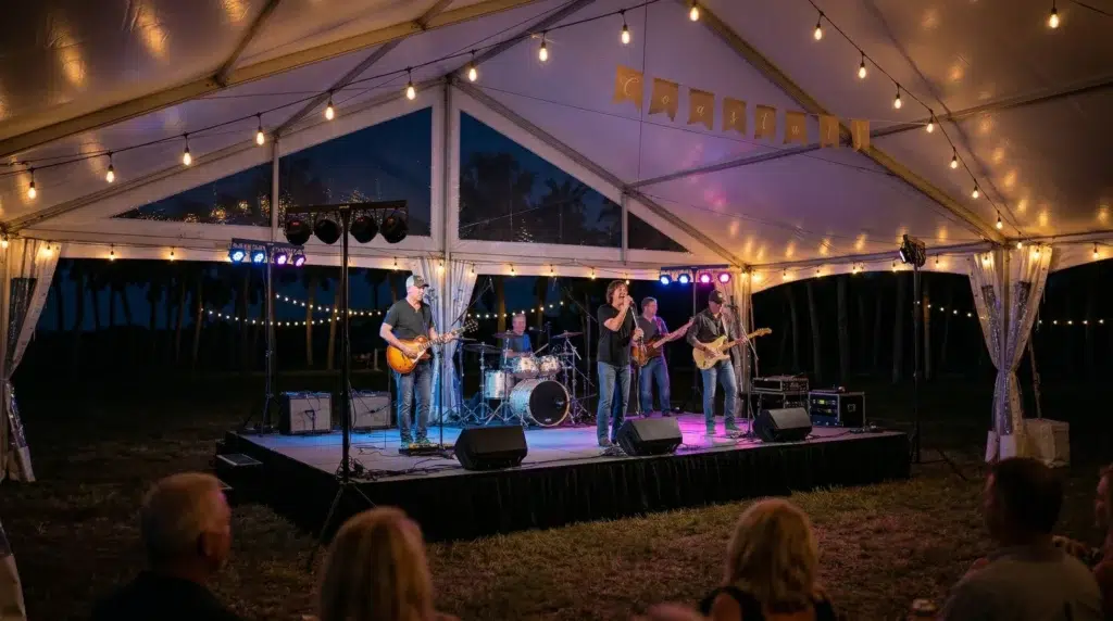 Live band performing on a premium event stage rental in Tampa, Florida.