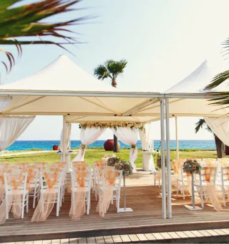 Comprehensive view of party tent rental for a wedding in Clearwater, FL, showcasing the full setup.